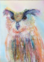 Colourful Owl watercolour Sue Dickens